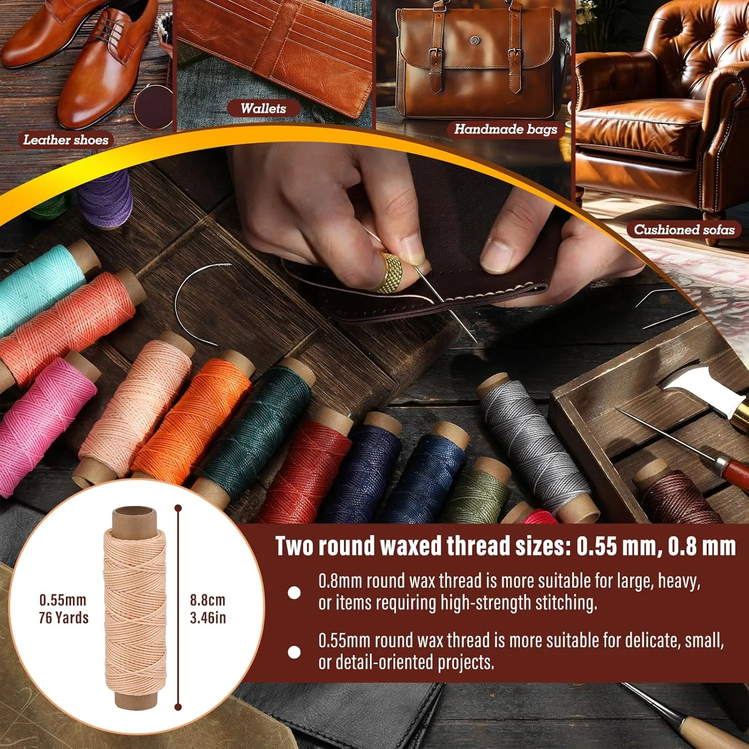 0.55 mm Round Waxed Thread, 14 Colors 76 Yards Spool Wax Coated String, Leather Sewing Waxed Thread, Beading Thread for Sewing, Stitching, Beading, Bookbinding, Braiding, Bracelet