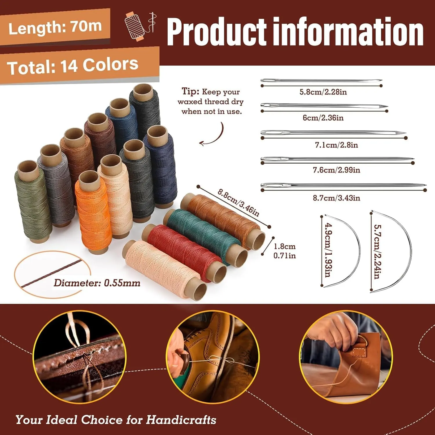 0.55 mm Round Waxed Thread, 14 Colors 76 Yards Spool Wax Coated String, Leather Sewing Waxed Thread, Beading Thread for Sewing, Stitching, Beading, Bookbinding, Braiding, Bracelet
