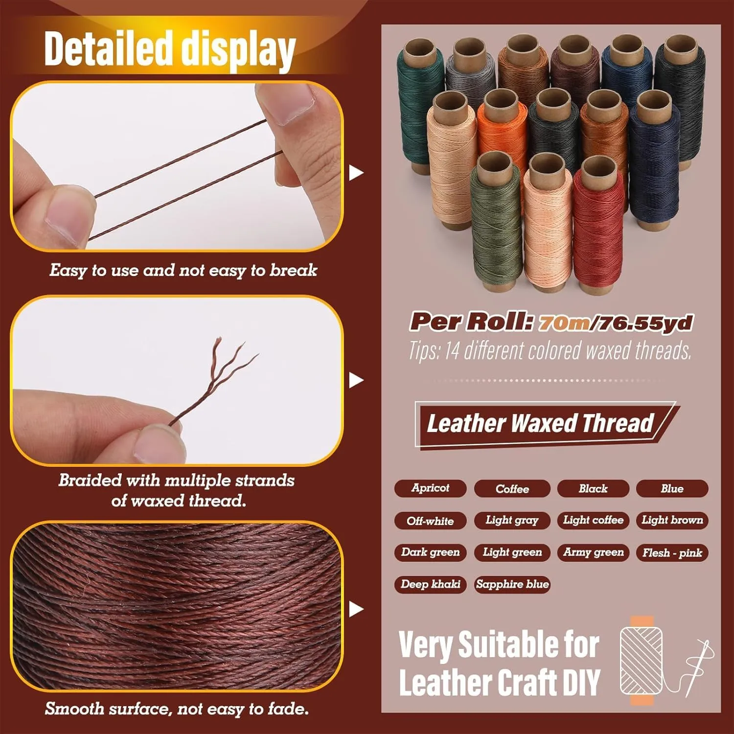 0.55 mm Round Waxed Thread, 14 Colors 76 Yards Spool Wax Coated String, Leather Sewing Waxed Thread, Beading Thread for Sewing, Stitching, Beading, Bookbinding, Braiding, Bracelet