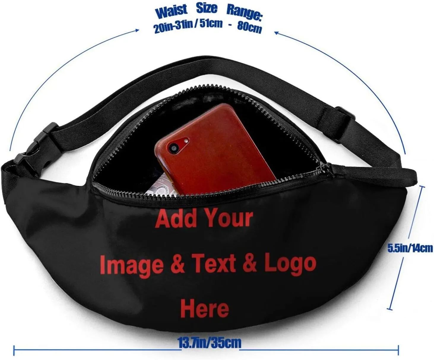 1-300PCS Custom Fanny Pack Waist Bag Personalize Bum Bags With Adjustable Belt Outdoor Travel Beach Shoulder Hip Bag For Women & Men (Black)