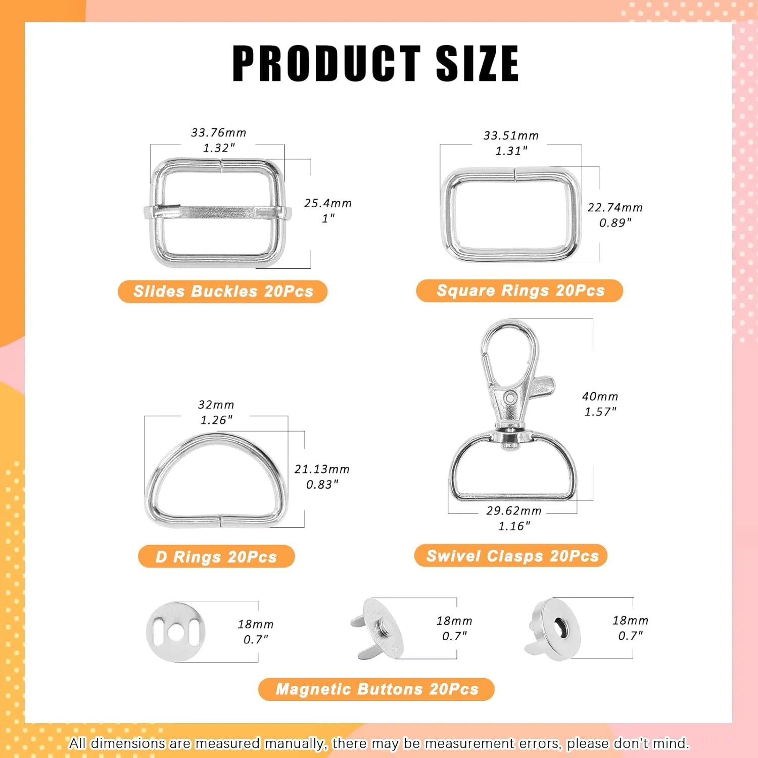 100Pcs Purse Hardware Buckles Bag Making Assortment Kit Includes Swivel D Ring Hooks Clasps Slide Buckles Snap Button