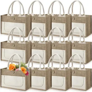 12 Pack Burlap Tote Bag Bulk Large Jute Tote Bag With Handles Reusable Gift Bag For Women Shopping Market Grocery Holiday Travel Beach Shopping DIY Bags, 12 x 7.8 x 5.5 inch