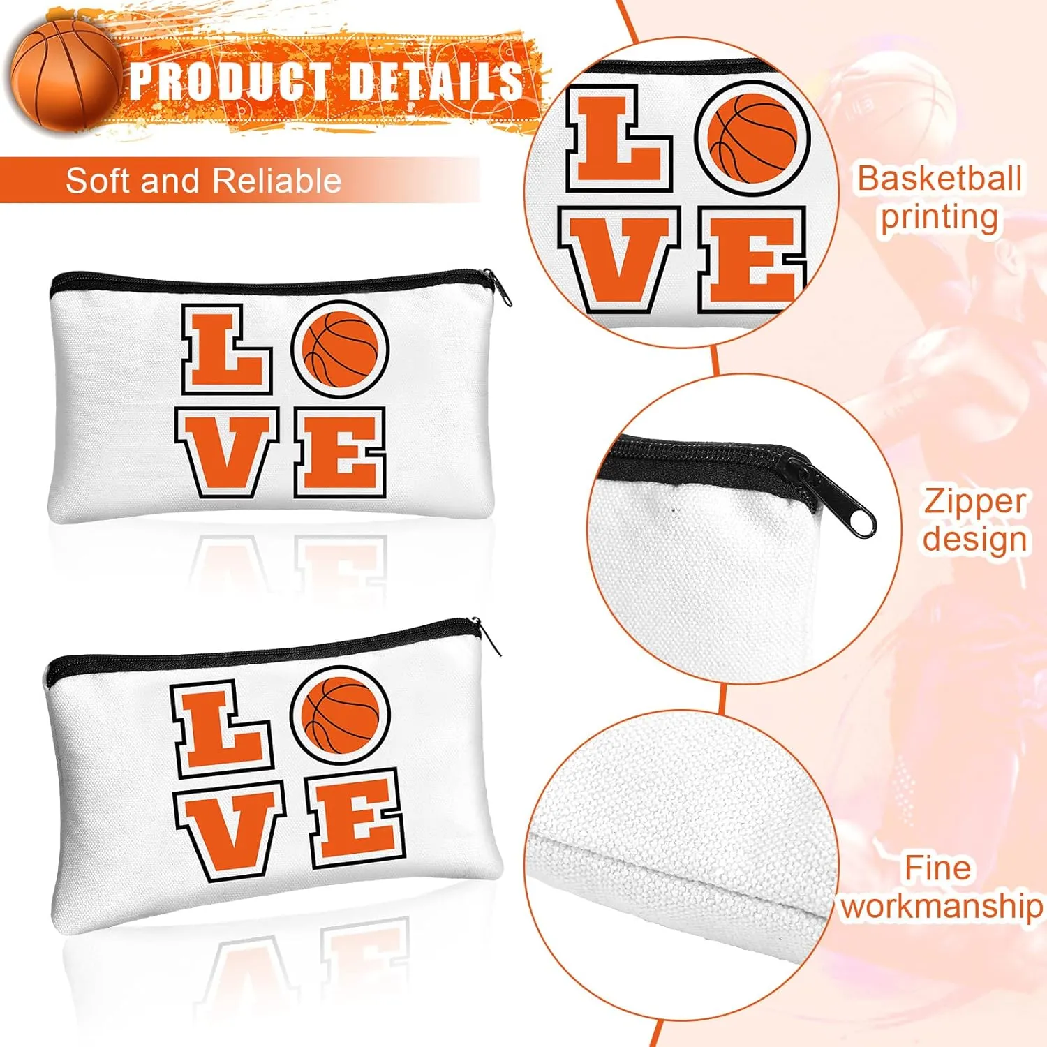 12 Pieces Basketball Makeup Bag Cosmetic Bag Travel Storage with Words Portable Storage Case Toiletry Accessories with Zippers for Players Teams Women Girls (Basketball)