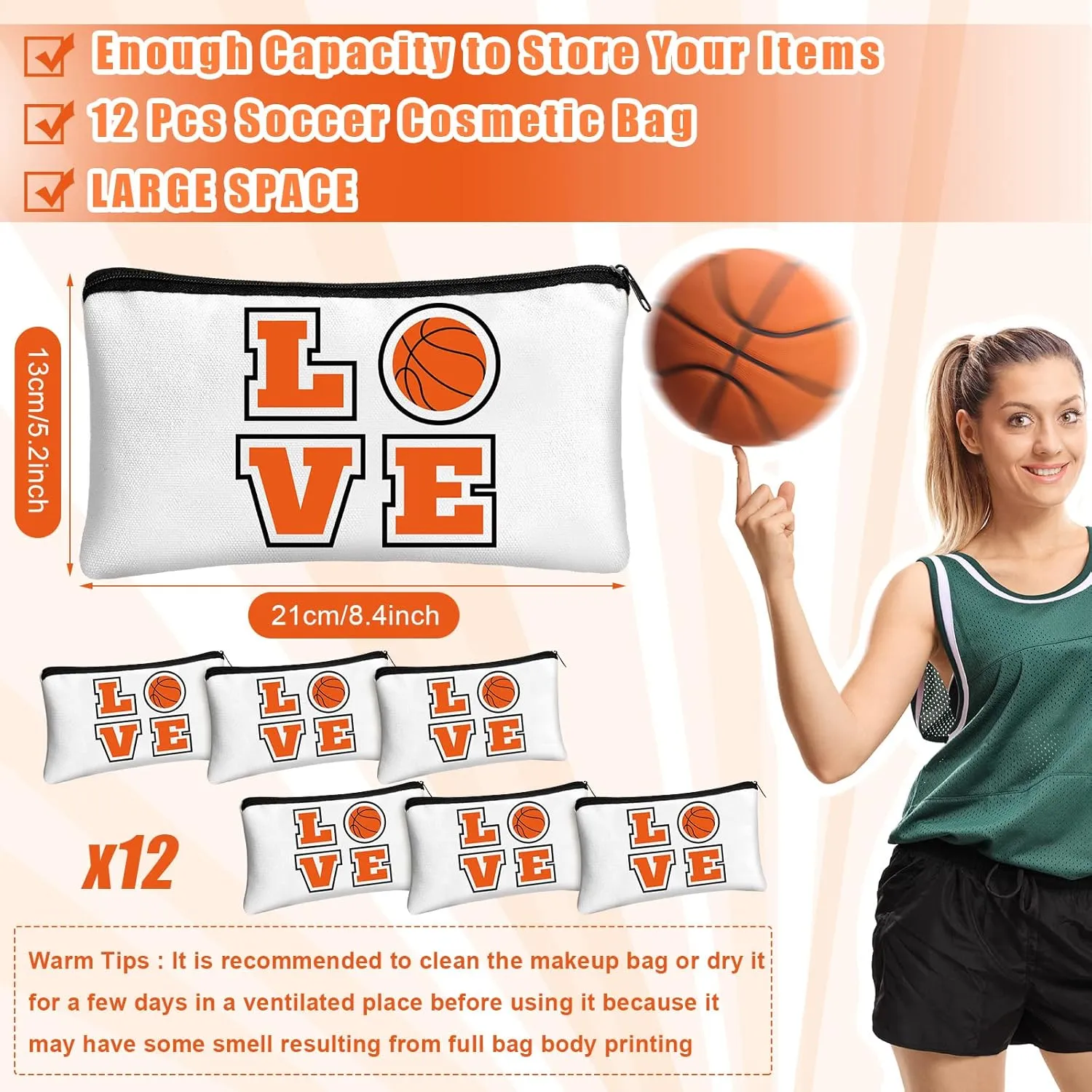 12 Pieces Basketball Makeup Bag Cosmetic Bag Travel Storage with Words Portable Storage Case Toiletry Accessories with Zippers for Players Teams Women Girls (Basketball)