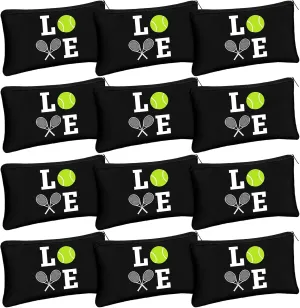 12 Pieces Tennis Makeup Bag Cosmetic Bag with Words Tennis Travel Storage Bags Portable Storage Case Toiletry Bag Accessories with Zippers for Tennis Players Teams Women Girls (Black)