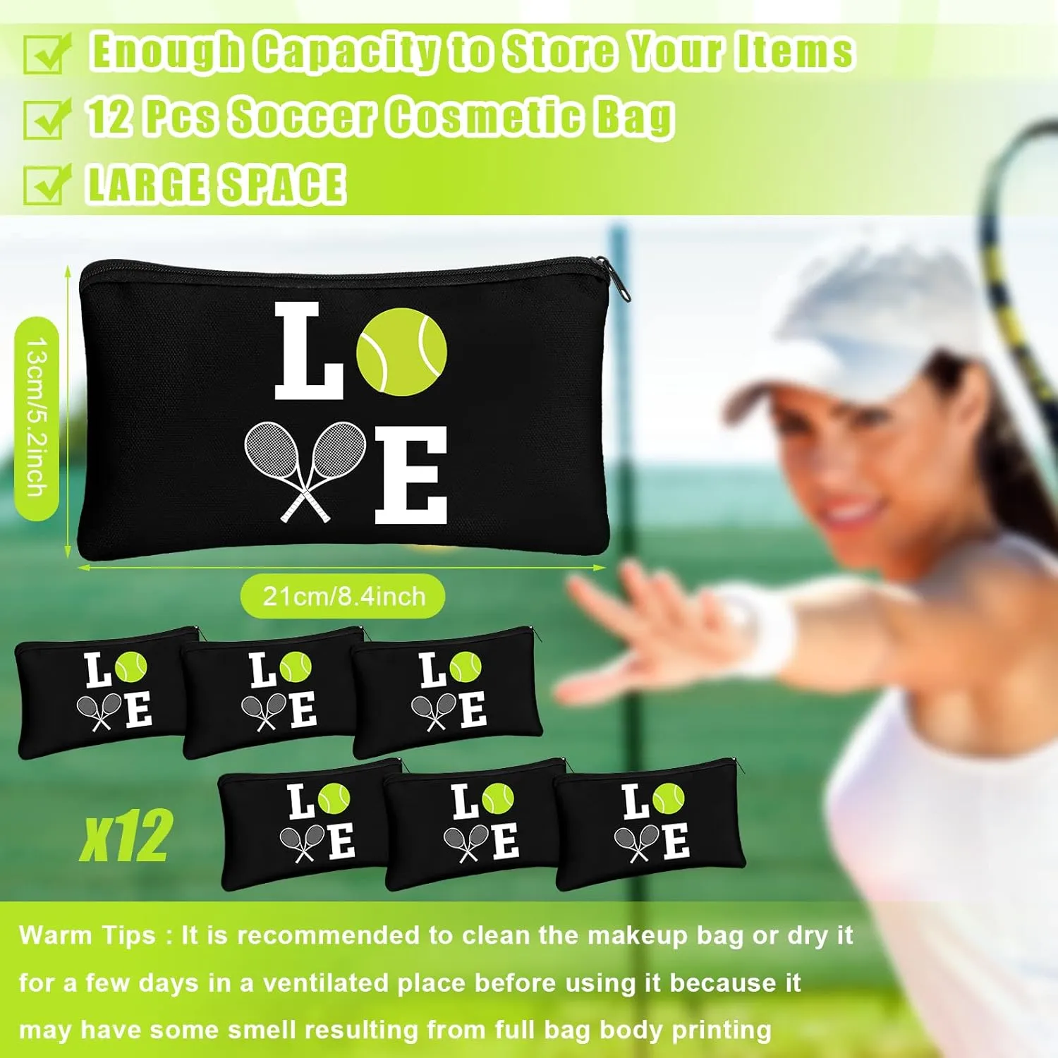 12 Pieces Tennis Makeup Bag Cosmetic Bag with Words Tennis Travel Storage Bags Portable Storage Case Toiletry Bag Accessories with Zippers for Tennis Players Teams Women Girls (Black)
