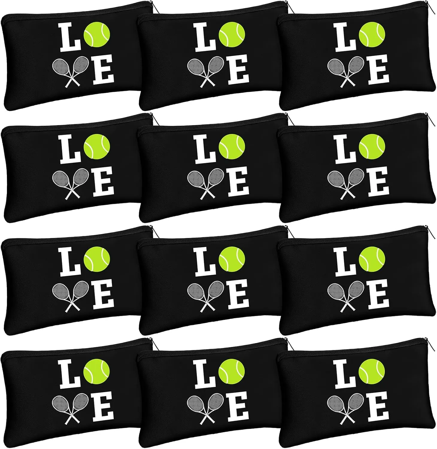 12 Pieces Tennis Makeup Bag Cosmetic Bag with Words Tennis Travel Storage Bags Portable Storage Case Toiletry Bag Accessories with Zippers for Tennis Players Teams Women Girls (Black)