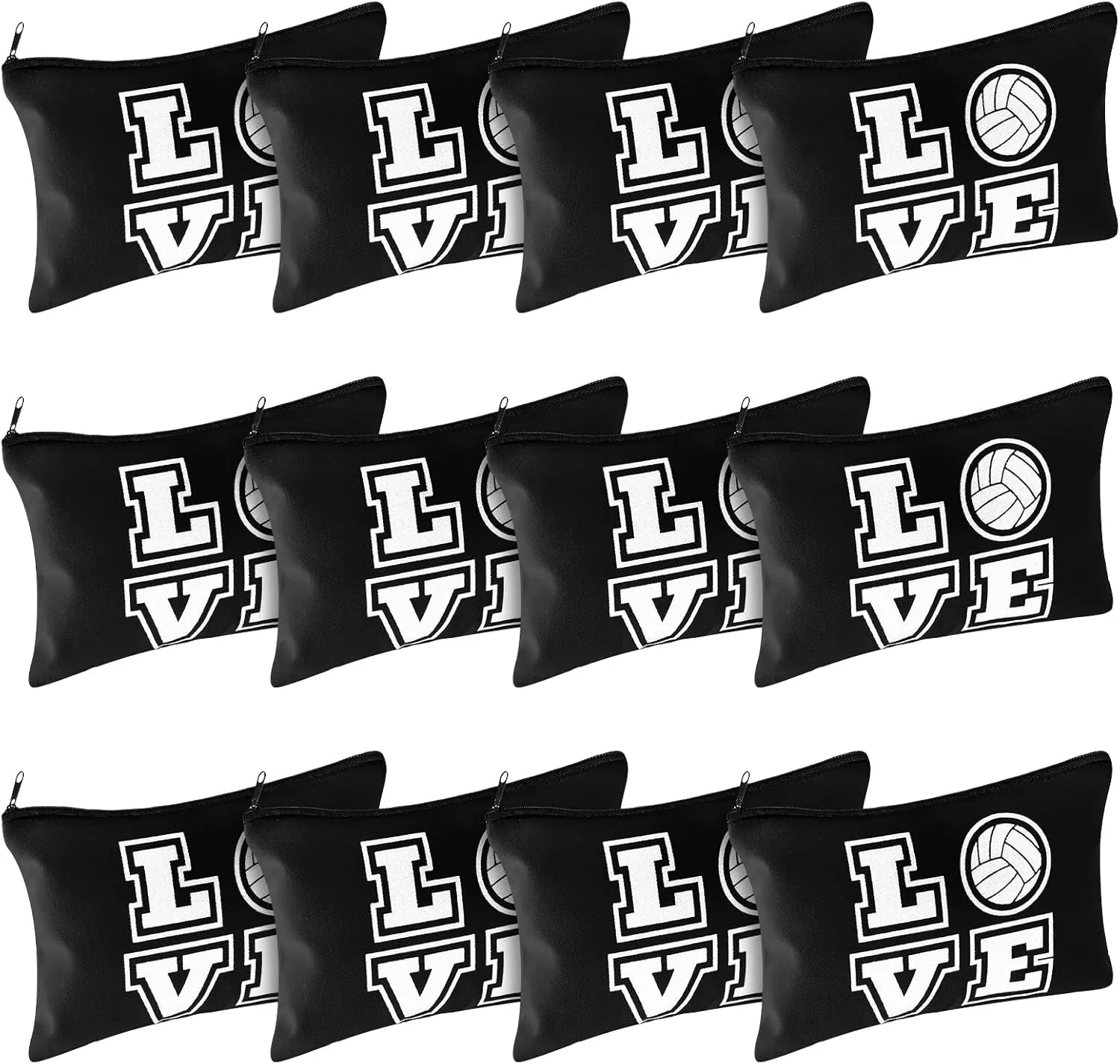 12 Pieces Volleyball Pouch Makeup Bag with Words Volleyball Travel Storage Bags Portable Storage Case Organizer Toiletry Accessories with Zippers for Players Teams Women(Black,Love)