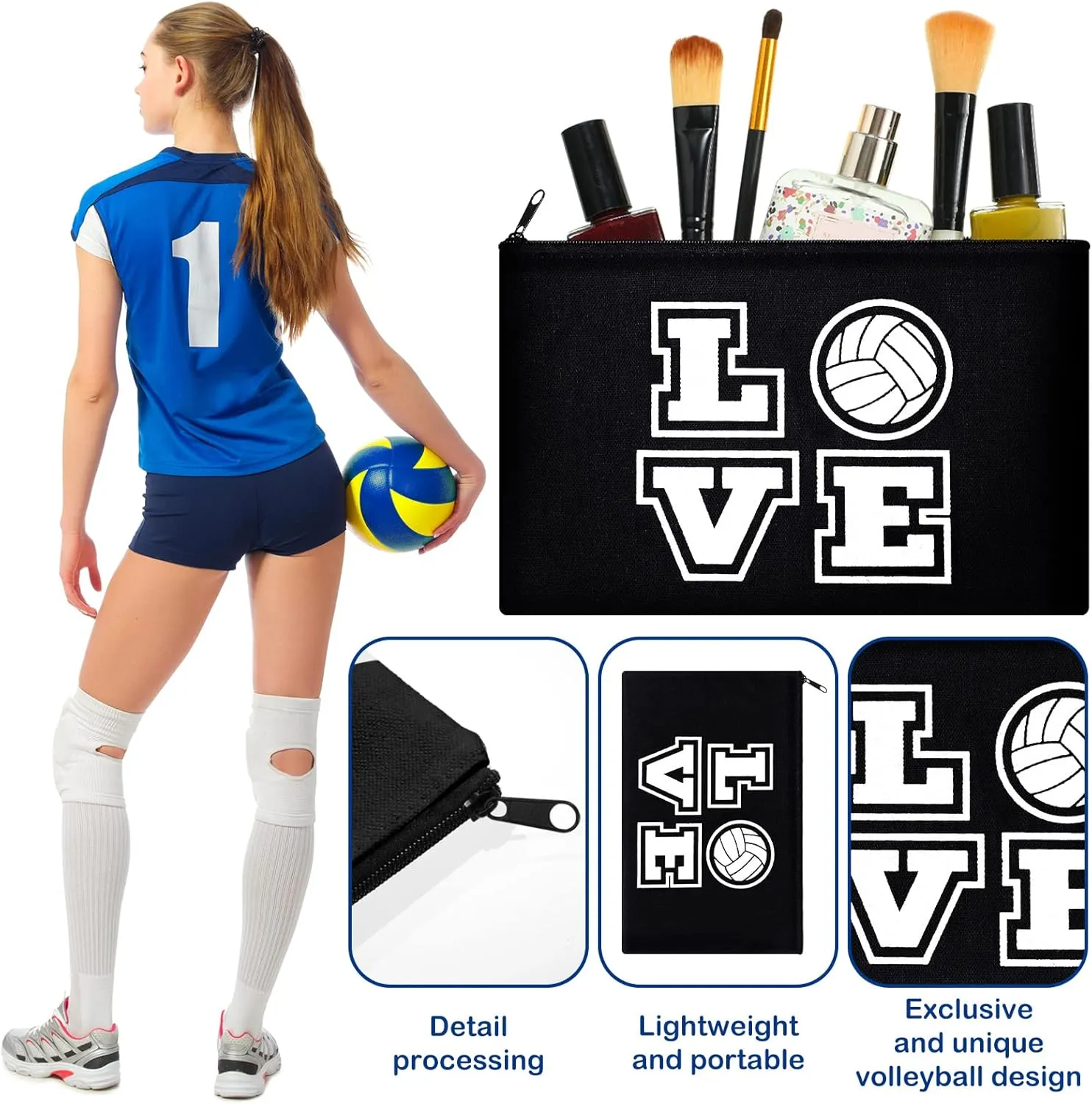 12 Pieces Volleyball Pouch Makeup Bag with Words Volleyball Travel Storage Bags Portable Storage Case Organizer Toiletry Accessories with Zippers for Players Teams Women(Black,Love)