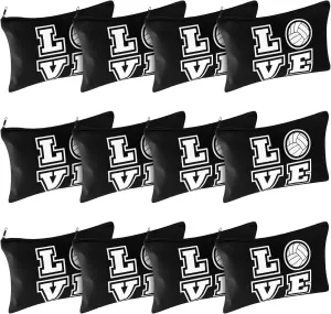 12 Pieces Volleyball Pouch Makeup Bag with Words Volleyball Travel Storage Bags Portable Storage Case Organizer Toiletry Accessories with Zippers for Players Teams Women(Black,Love)