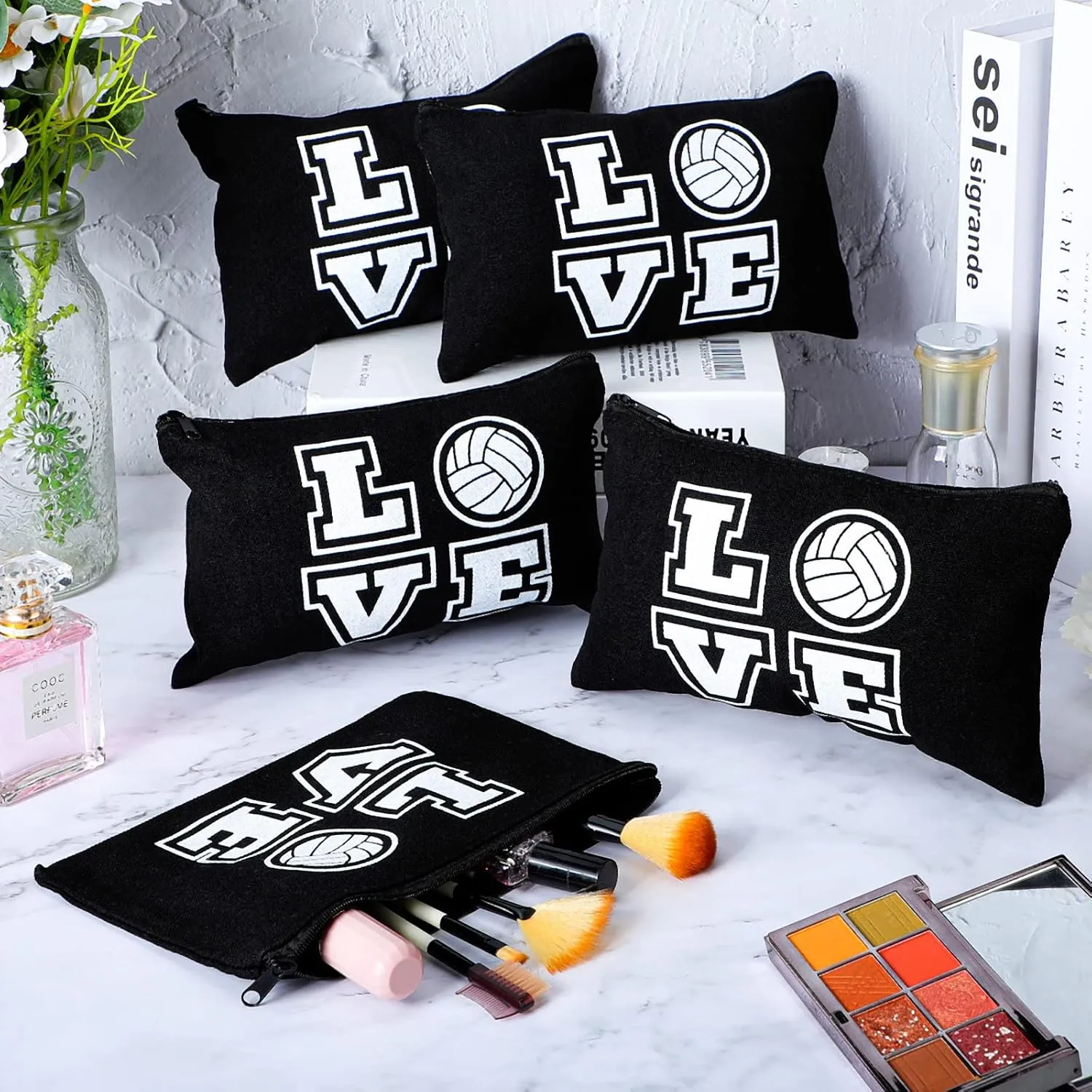 12 Pieces Volleyball Pouch Makeup Bag with Words Volleyball Travel Storage Bags Portable Storage Case Organizer Toiletry Accessories with Zippers for Players Teams Women(Black,Love)