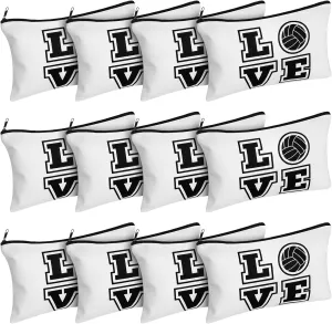 12 Pieces Volleyball Pouch Makeup Bag with Words Volleyball Travel Storage Bags Portable Storage Case Organizer Toiletry Accessories with Zippers for Players Teams Women(White,Love)
