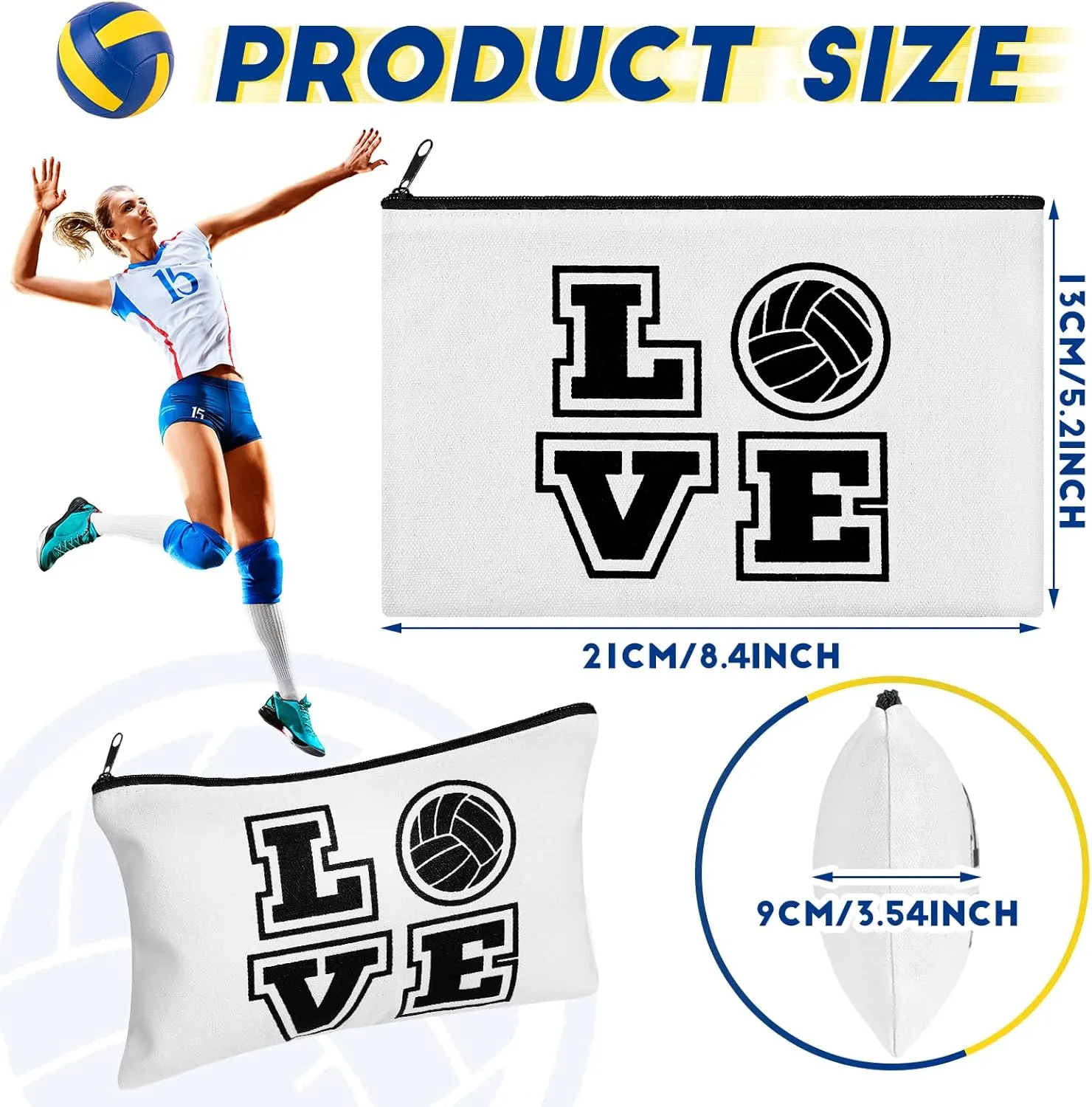 12 Pieces Volleyball Pouch Makeup Bag with Words Volleyball Travel Storage Bags Portable Storage Case Organizer Toiletry Accessories with Zippers for Players Teams Women(White,Love)