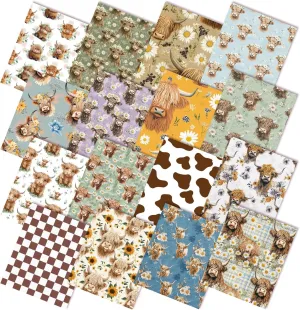 16pcs 18 x 22 Inch Highland Cow Quilting Fabric Bundles Highland Cow Fat Squares Patchwork Sunflower Plaid Precut Strips Fabric Materials for Holiday Quilting Crafting DIY Craft Sewing