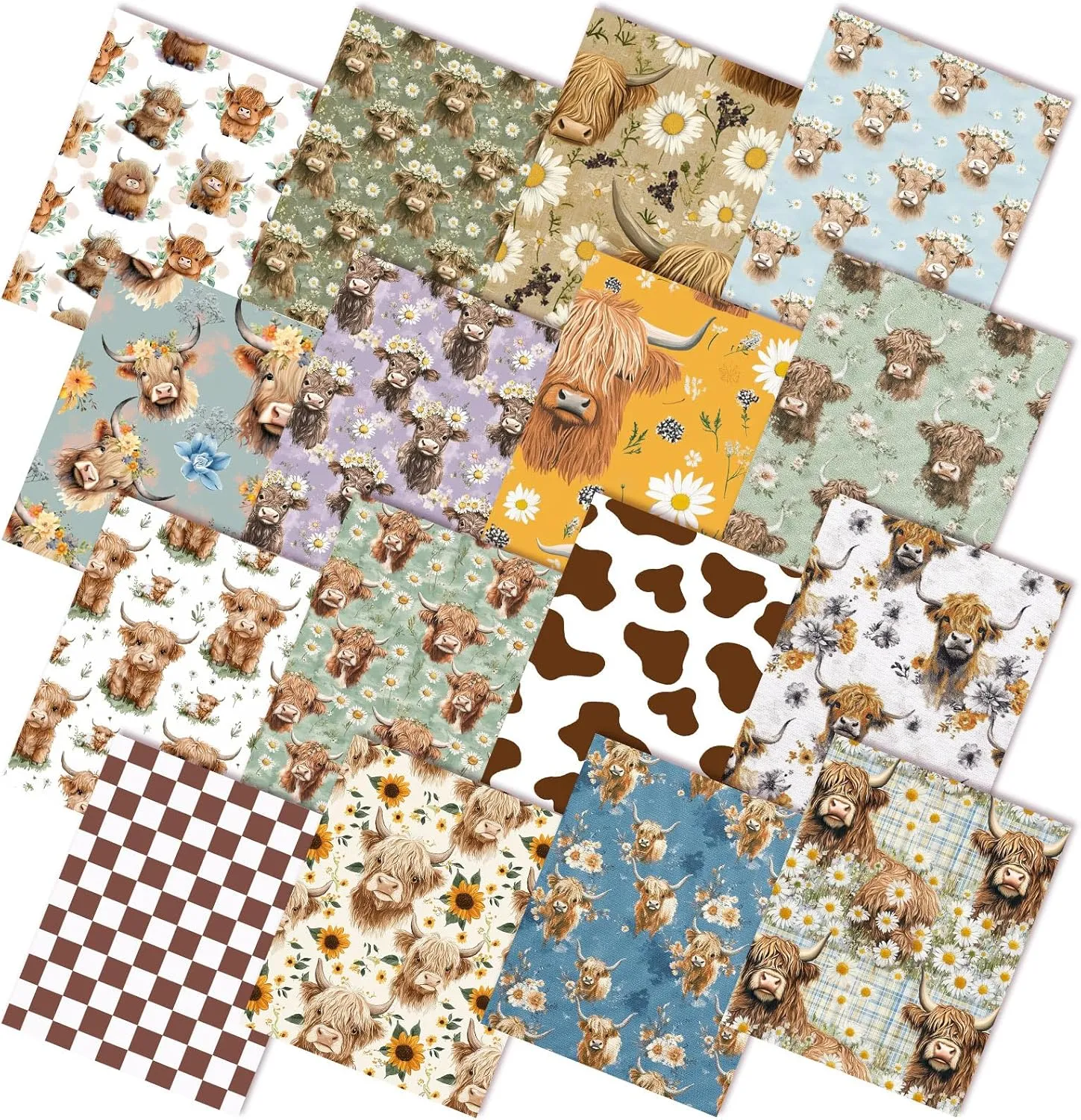 16pcs 18 x 22 Inch Highland Cow Quilting Fabric Bundles Highland Cow Fat Squares Patchwork Sunflower Plaid Precut Strips Fabric Materials for Holiday Quilting Crafting DIY Craft Sewing