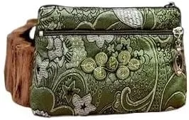 2 Layer Jewelry Small Zip Bag Chinese Knot Craft Jewelry Gift Pouch Bag Packaging Chinese Silk Brocade Bag Luxury Jewellery Storage Purse(Green Random Pattern)