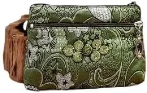 2 Layer Jewelry Small Zip Bag Chinese Knot Craft Jewelry Gift Pouch Bag Packaging Chinese Silk Brocade Bag Luxury Jewellery Storage Purse(Green Random Pattern)