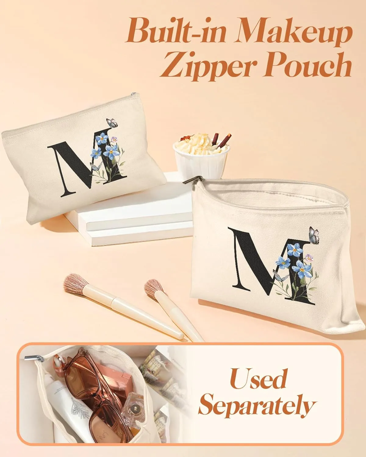 2 Pack Initials Canvas Tote Bag - with Makeup Pouch Bag Aesthetic Cotton Reusable Grocery Monogrammed Bag