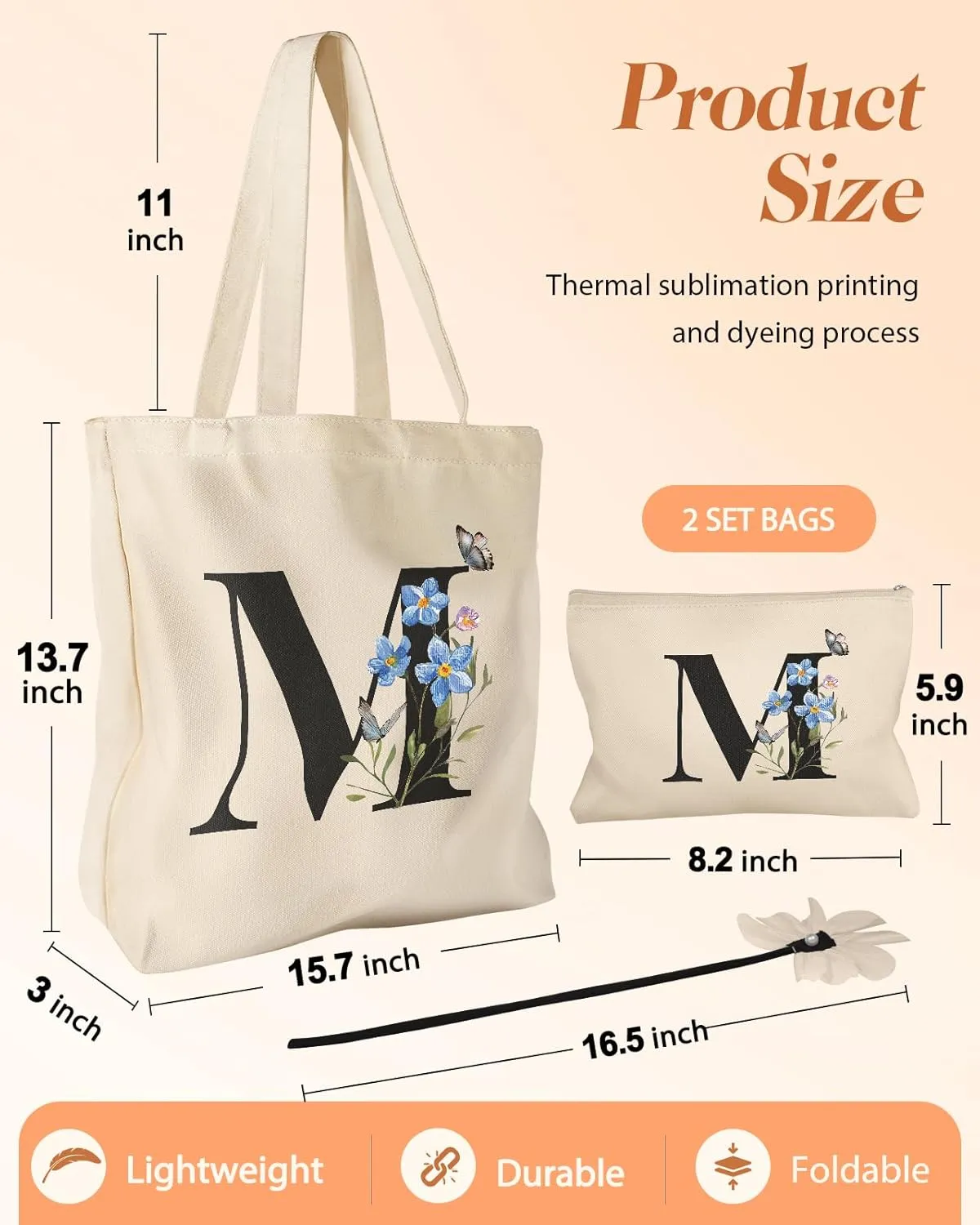 2 Pack Initials Canvas Tote Bag - with Makeup Pouch Bag Aesthetic Cotton Reusable Grocery Monogrammed Bag