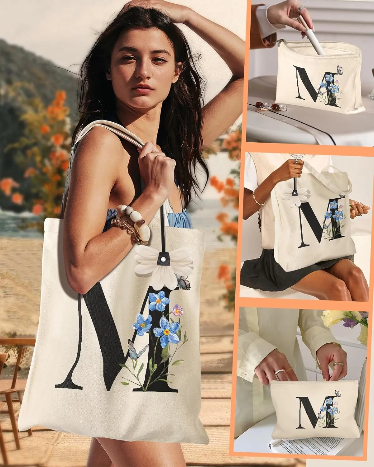 2 Pack Initials Canvas Tote Bag - with Makeup Pouch Bag Aesthetic Cotton Reusable Grocery Monogrammed Bag