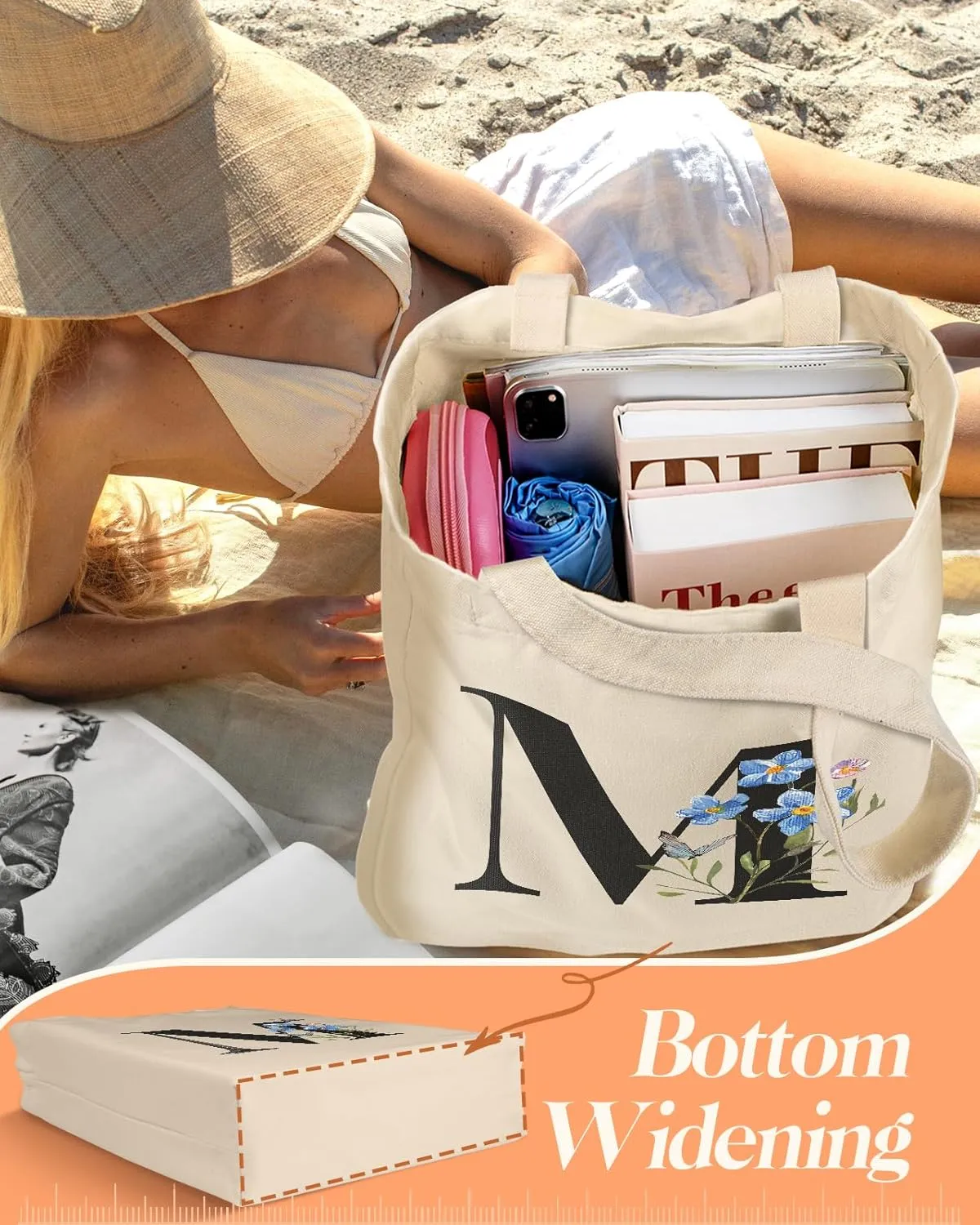 2 Pack Initials Canvas Tote Bag - with Makeup Pouch Bag Aesthetic Cotton Reusable Grocery Monogrammed Bag