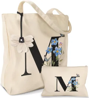 2 Pack Initials Canvas Tote Bag - with Makeup Pouch Bag Aesthetic Cotton Reusable Grocery Monogrammed Bag