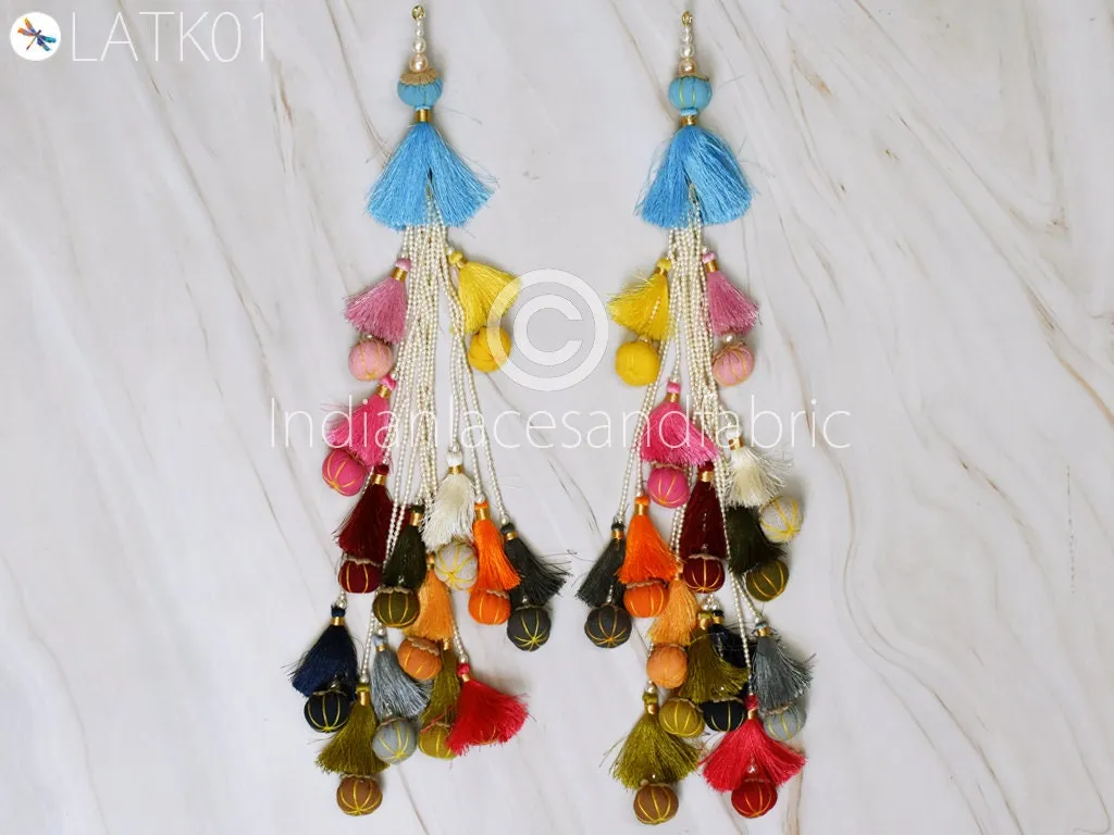 2 Pcs Tassel Latkan Decorative Indian Handmade Viscose Thread Beaded Wedding Christmas DIY Crafting Charms Embellishment Bridal Tiebacks