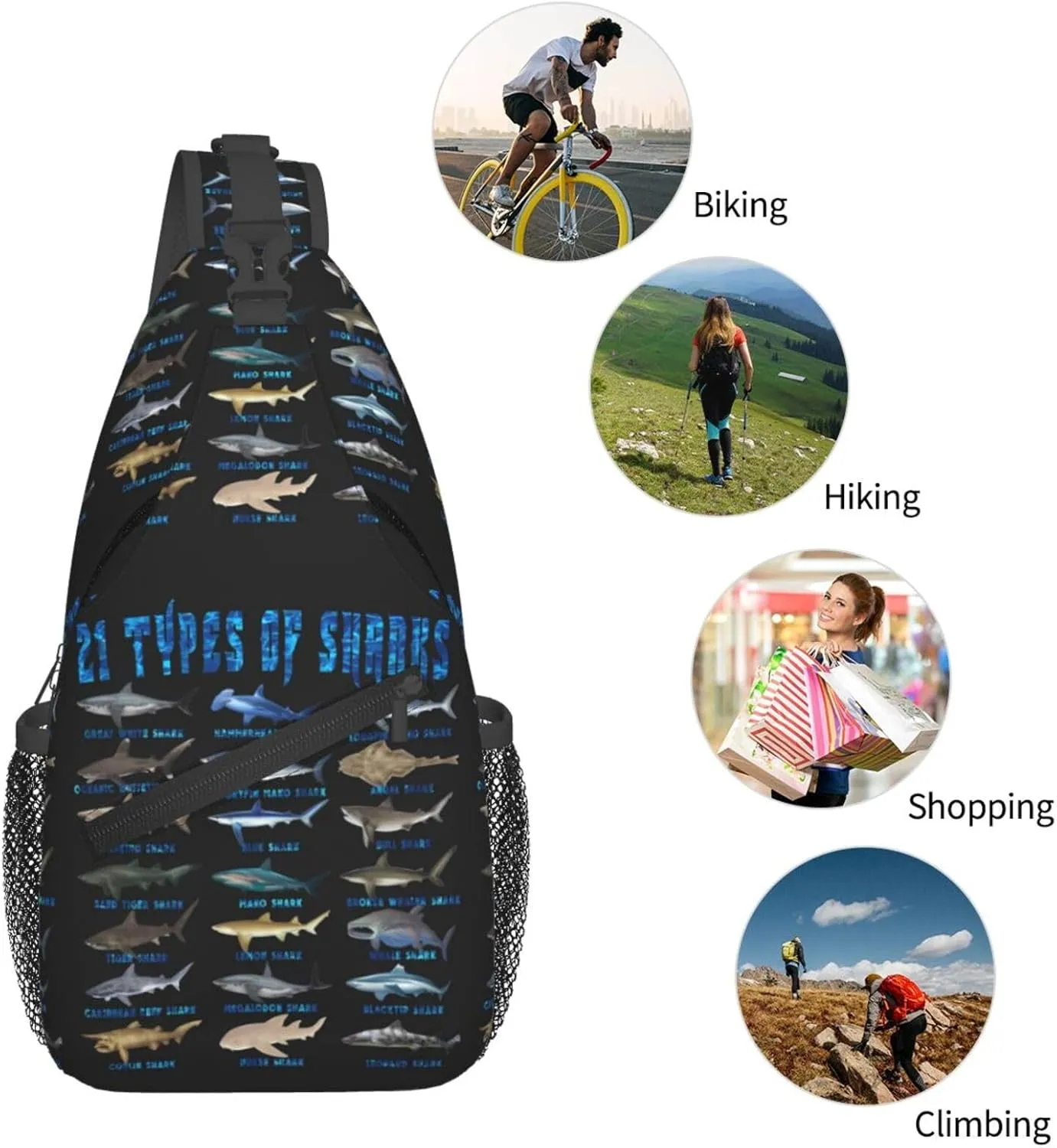 21 Types Of Sharks Ocean Animal Chest Sling Bag Crossbody Shoulder Backpack Bag Gym Cycling Daypack Travel Hiking Cross Bag