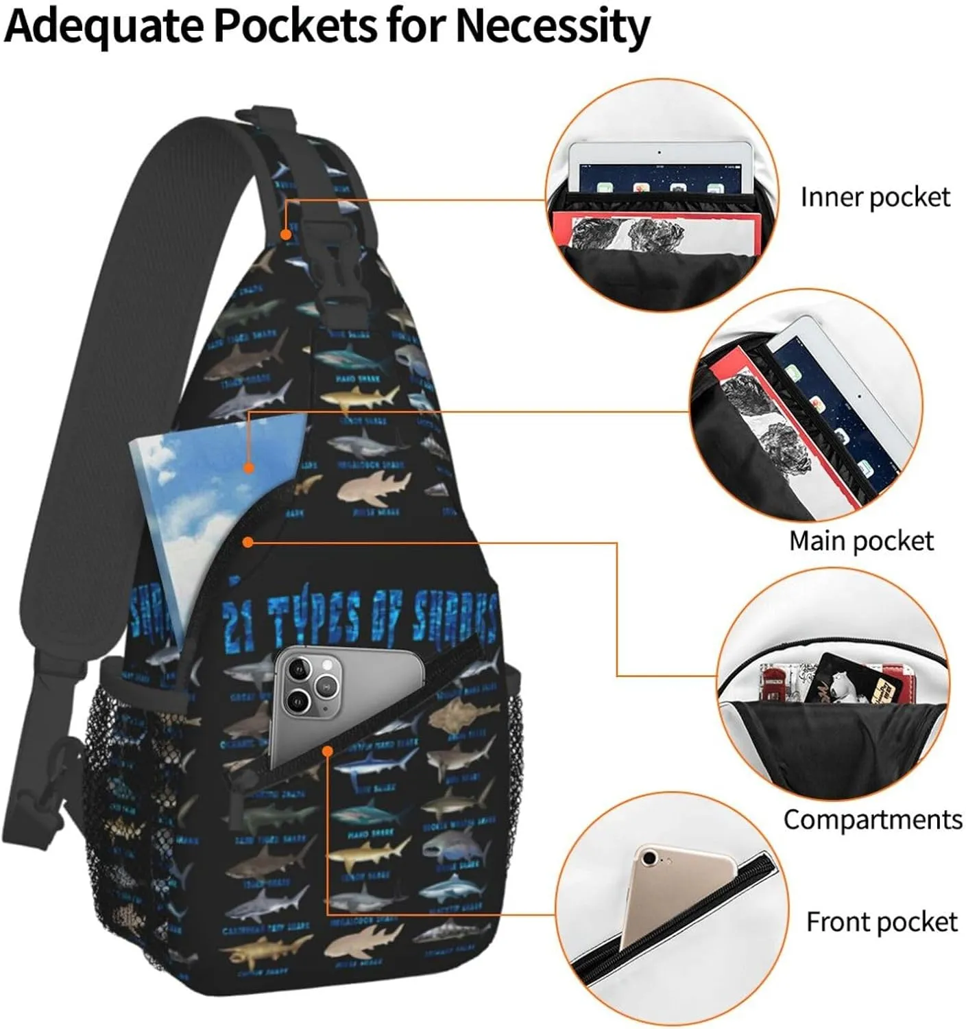 21 Types Of Sharks Ocean Animal Chest Sling Bag Crossbody Shoulder Backpack Bag Gym Cycling Daypack Travel Hiking Cross Bag
