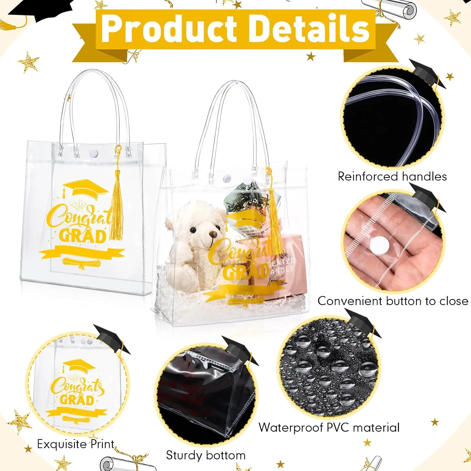 24 Pack Graduation Clear Gift Bags 2025 Graduation Party Favor Bulk Congrats Grad Gift Wrap Reusable Plastic PVC Treat Bags with Handles Tassel for High School,College,7.9'' x 7.9''x 3.5''(Gold)