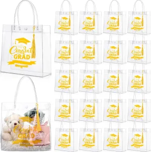 24 Pack Graduation Clear Gift Bags 2025 Graduation Party Favor Bulk Congrats Grad Gift Wrap Reusable Plastic PVC Treat Bags with Handles Tassel for High School,College,7.9'' x 7.9''x 3.5''(Gold)