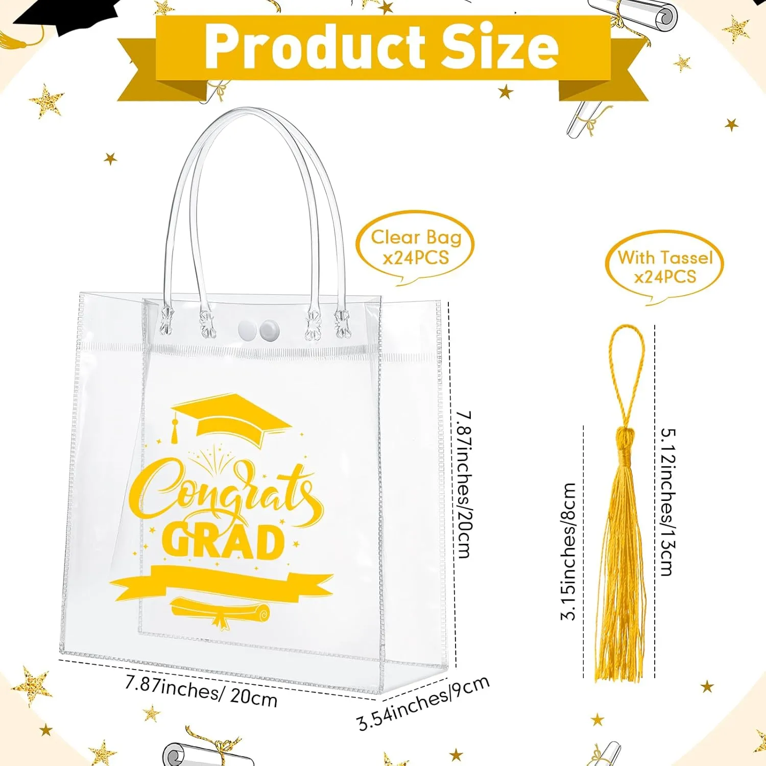 24 Pack Graduation Clear Gift Bags 2025 Graduation Party Favor Bulk Congrats Grad Gift Wrap Reusable Plastic PVC Treat Bags with Handles Tassel for High School,College,7.9'' x 7.9''x 3.5''(Gold)