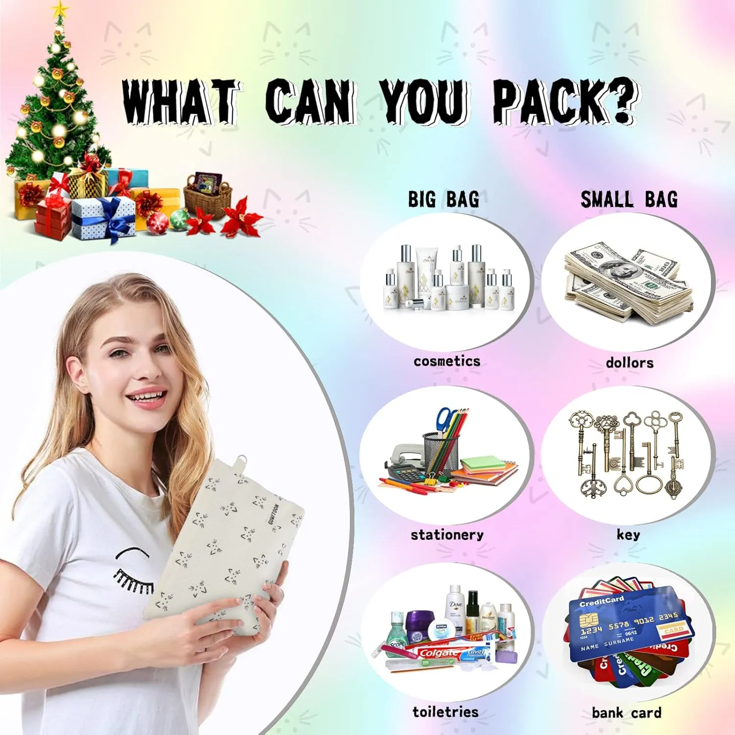 2pcs Cosmetic Bags,makeup bag for women,aesthetic organizer toiletry bags,travel essentials,travel size toiletries,a small make up bag and a big make up bag(cat bag)