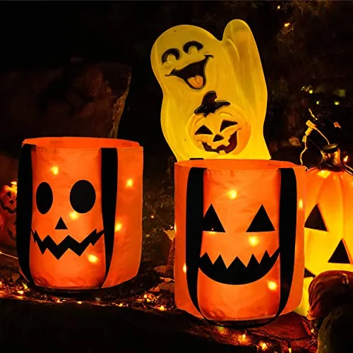 3 Pieces LED Light Halloween Trick or Treat Bags Pumpkin Bucket Light up Halloween Party Bags with Pumpkin Smile Face Light up Candy Bags Multipurpose Reusable Goody Bucket for Kids Halloween(Orange)
