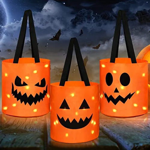 3 Pieces LED Light Halloween Trick or Treat Bags Pumpkin Bucket Light up Halloween Party Bags with Pumpkin Smile Face Light up Candy Bags Multipurpose Reusable Goody Bucket for Kids Halloween(Orange)