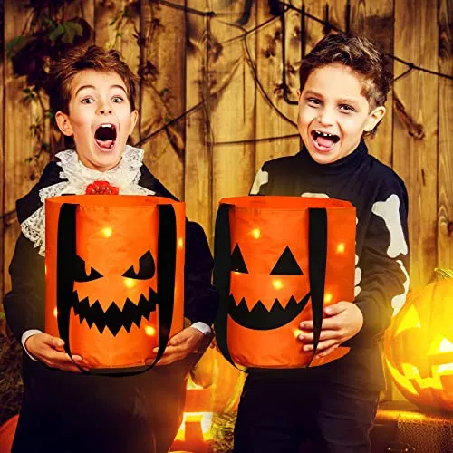 3 Pieces LED Light Halloween Trick or Treat Bags Pumpkin Bucket Light up Halloween Party Bags with Pumpkin Smile Face Light up Candy Bags Multipurpose Reusable Goody Bucket for Kids Halloween(Orange)