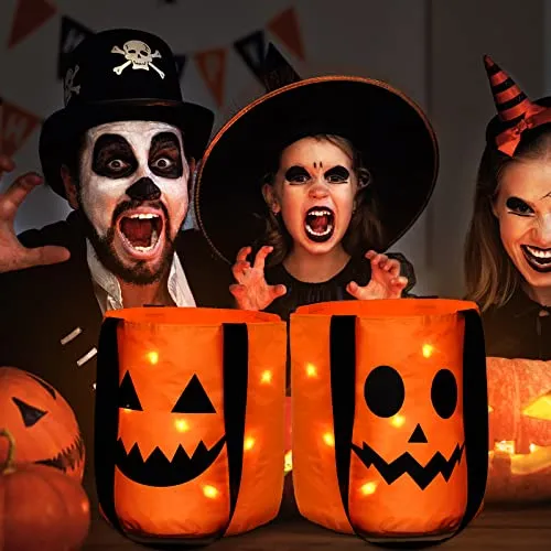 3 Pieces LED Light Halloween Trick or Treat Bags Pumpkin Bucket Light up Halloween Party Bags with Pumpkin Smile Face Light up Candy Bags Multipurpose Reusable Goody Bucket for Kids Halloween(Orange)
