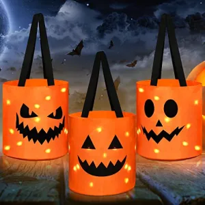 3 Pieces LED Light Halloween Trick or Treat Bags Pumpkin Bucket Light up Halloween Party Bags with Pumpkin Smile Face Light up Candy Bags Multipurpose Reusable Goody Bucket for Kids Halloween(Orange)