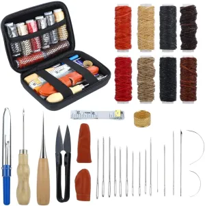32Pcs Leather Sewing & Craft Tools Kit with Punches, Waxed Threads, Grooving Awls, and Scissors