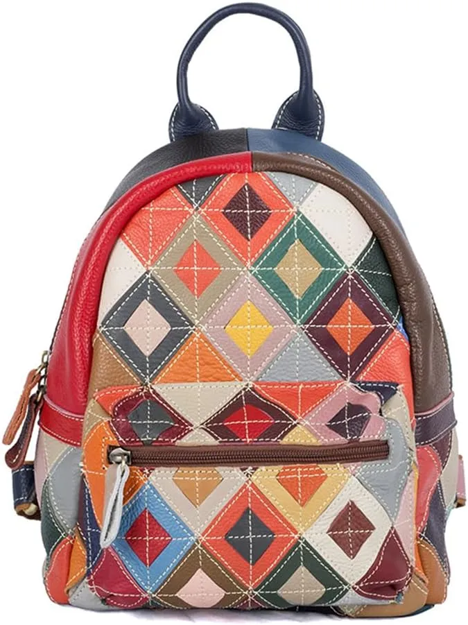 3D Colorful Flowers Backpack for Women Multi-colored Genuine Leather Daypack Color Spliced Drawstring Shoulder Purses (Multicoloured Checkered)