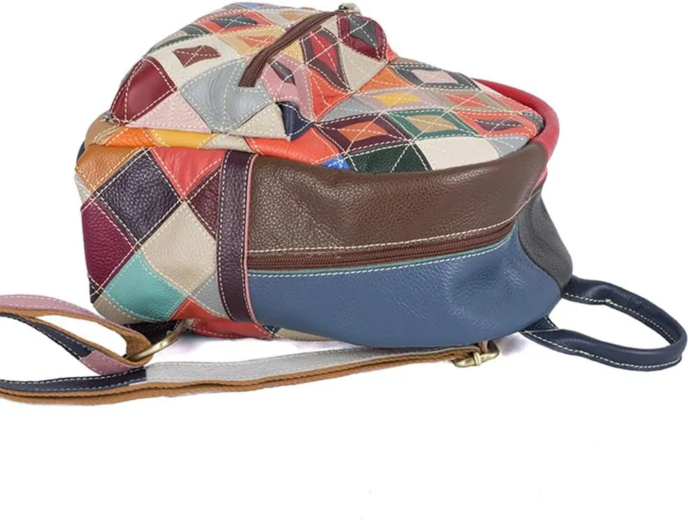 3D Colorful Flowers Backpack for Women Multi-colored Genuine Leather Daypack Color Spliced Drawstring Shoulder Purses (Multicoloured Checkered)