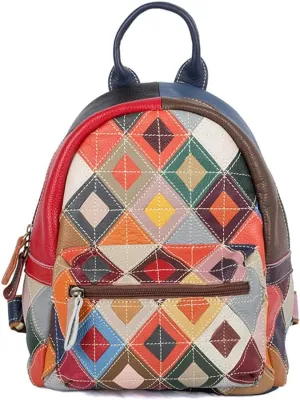 3D Colorful Flowers Backpack for Women Multi-colored Genuine Leather Daypack Color Spliced Drawstring Shoulder Purses (Multicoloured Checkered)