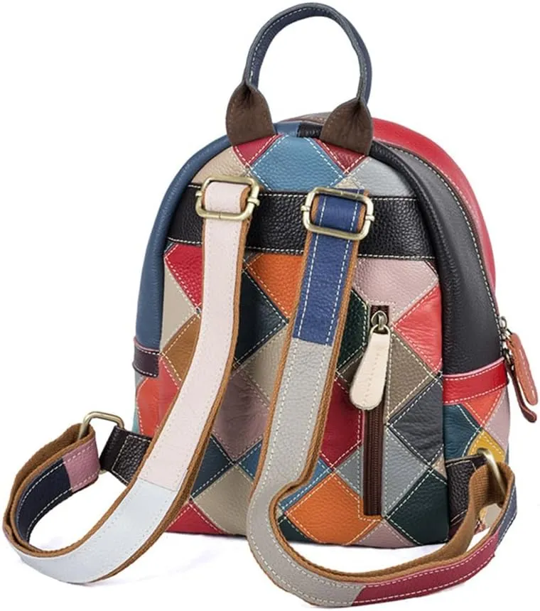 3D Colorful Flowers Backpack for Women Multi-colored Genuine Leather Daypack Color Spliced Drawstring Shoulder Purses (Multicoloured Checkered)