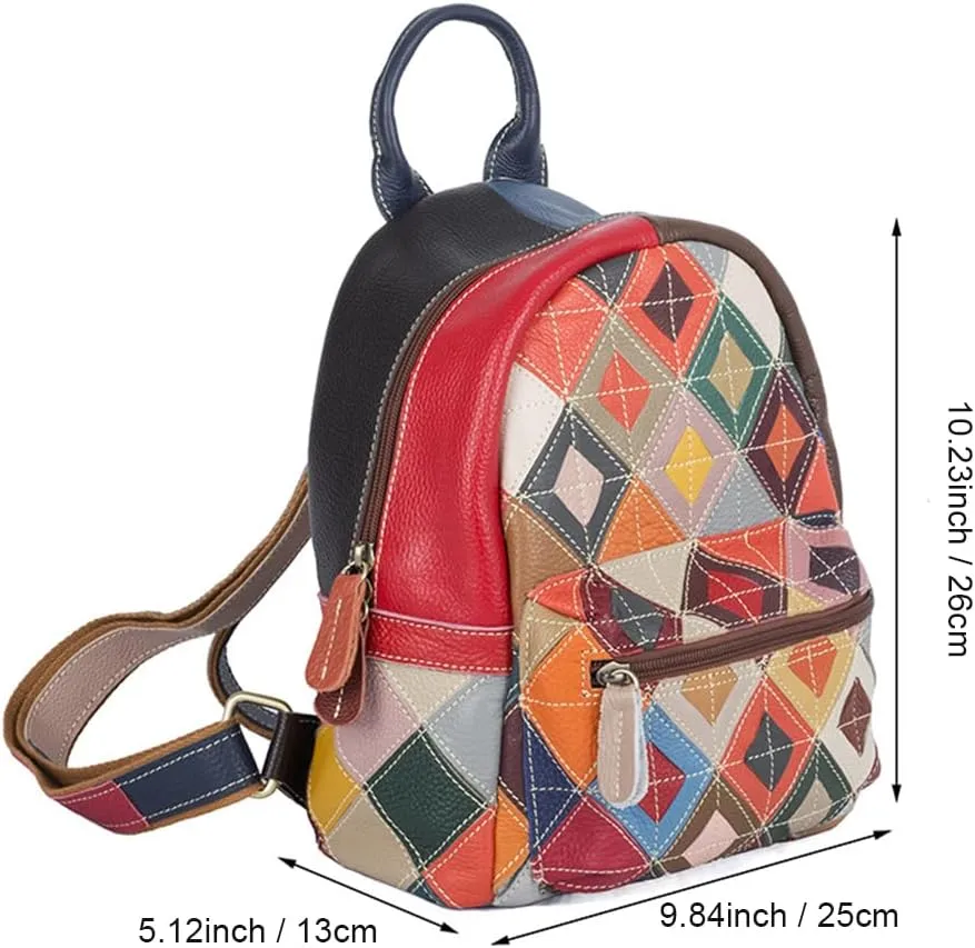 3D Colorful Flowers Backpack for Women Multi-colored Genuine Leather Daypack Color Spliced Drawstring Shoulder Purses (Multicoloured Checkered)