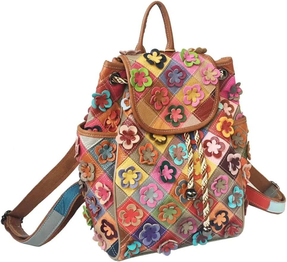 3D Colorful Flowers Backpack for Women Multi-colored Genuine Leather Daypack Color Spliced Drawstring Shoulder Purses (Multicoloured Flowers 2)
