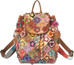 3D Colorful Flowers Backpack for Women Multi-colored Genuine Leather Daypack Color Spliced Drawstring Shoulder Purses (Multicoloured Flowers 2)