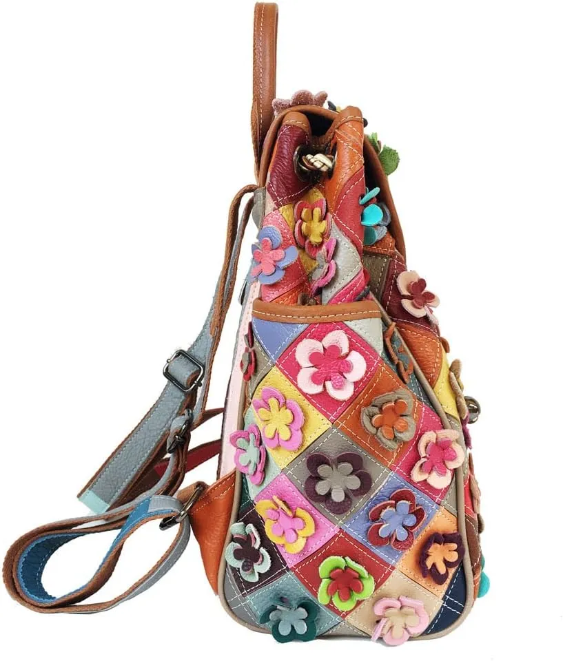 3D Colorful Flowers Backpack for Women Multi-colored Genuine Leather Daypack Color Spliced Drawstring Shoulder Purses (Multicoloured Flowers 2)
