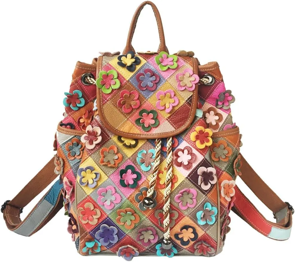 3D Colorful Flowers Backpack for Women Multi-colored Genuine Leather Daypack Color Spliced Drawstring Shoulder Purses (Multicoloured Flowers 2)