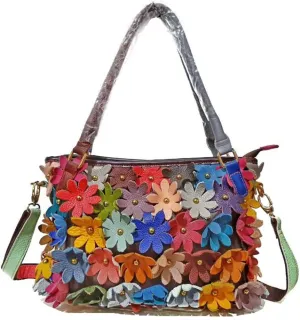 3D Multicolored Floral Spliced Shoulder Handbag for Women Leather Colorful Top-handle Purse Shopper Christmas Satchel