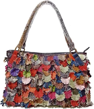 3D Multicolored Floral Spliced Shoulder Handbag for Women Leather Colorful Top-handle Purse Shopper Christmas Satchel